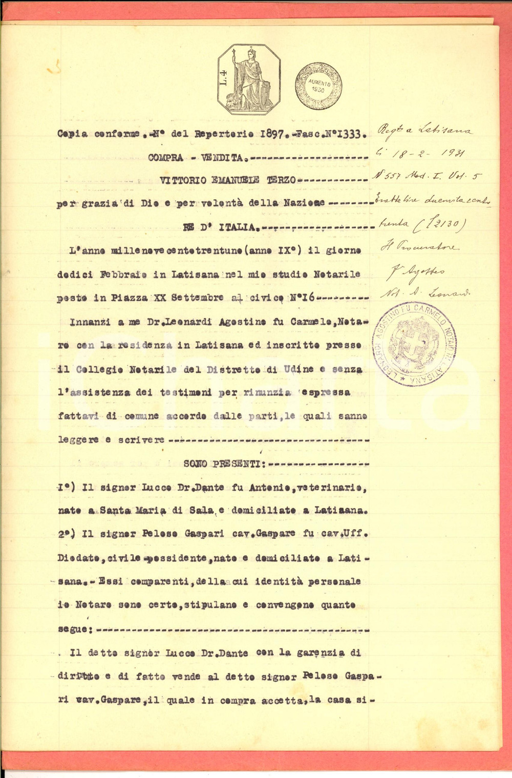 Documento originale, autentico 1931 LATISANA (UD) Dante LUCCO vende casa a Gaspare PELOSO GASPARI *Documento 1