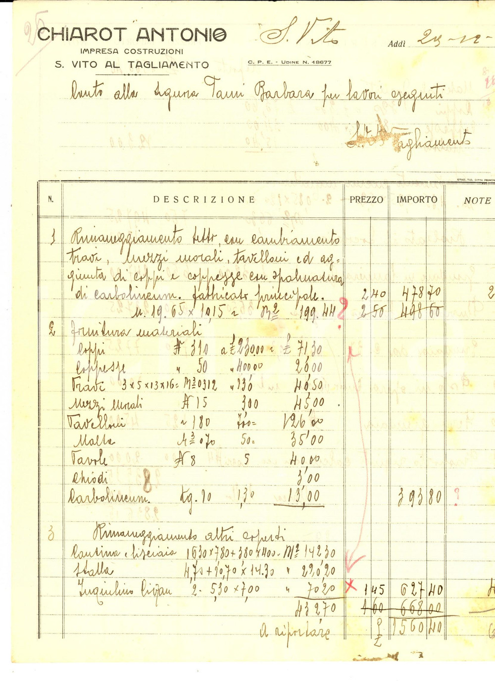 Documento originale, autentico 1931 SAN VITO AL TAGLIAMENTO (UD) Antonio CHIAROT impresa costruzioni *Fattura 1