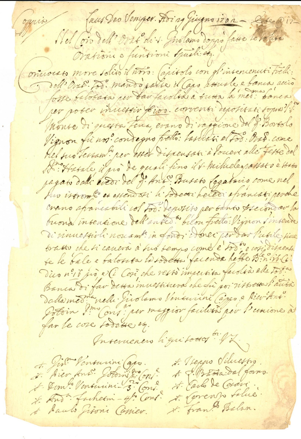Documento originale, autentico 1702 ESTE (PD) Donazione del defunto Bortolo VIGNON a Oratorio S. GEROLAMO 1