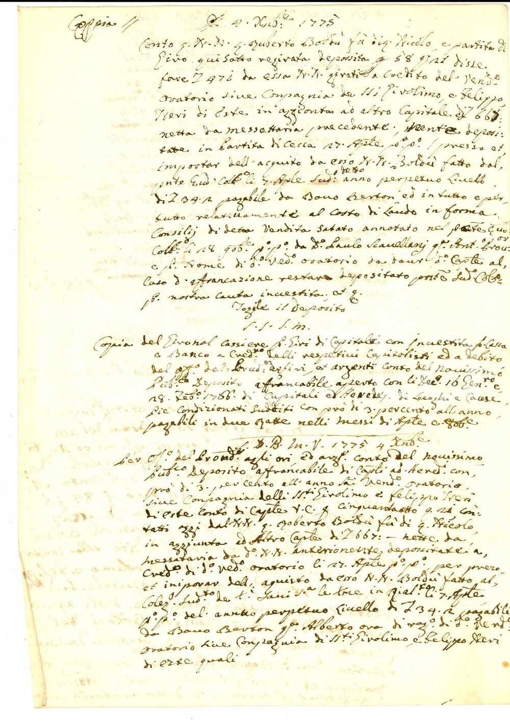 Documento originale, autentico 1775 ESTE (PD) Deposito di Roberto BOLDU' pro oratorio SAN GEROLAMO *Manoscritto 1