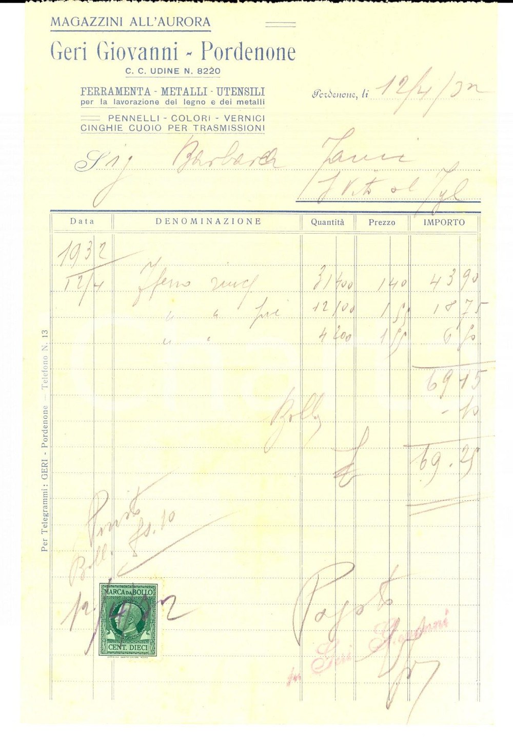 Documento originale, autentico 1932 PORDENONE Ditta Giovanni GERI Ferramenta  metalli Fattura intestata 1