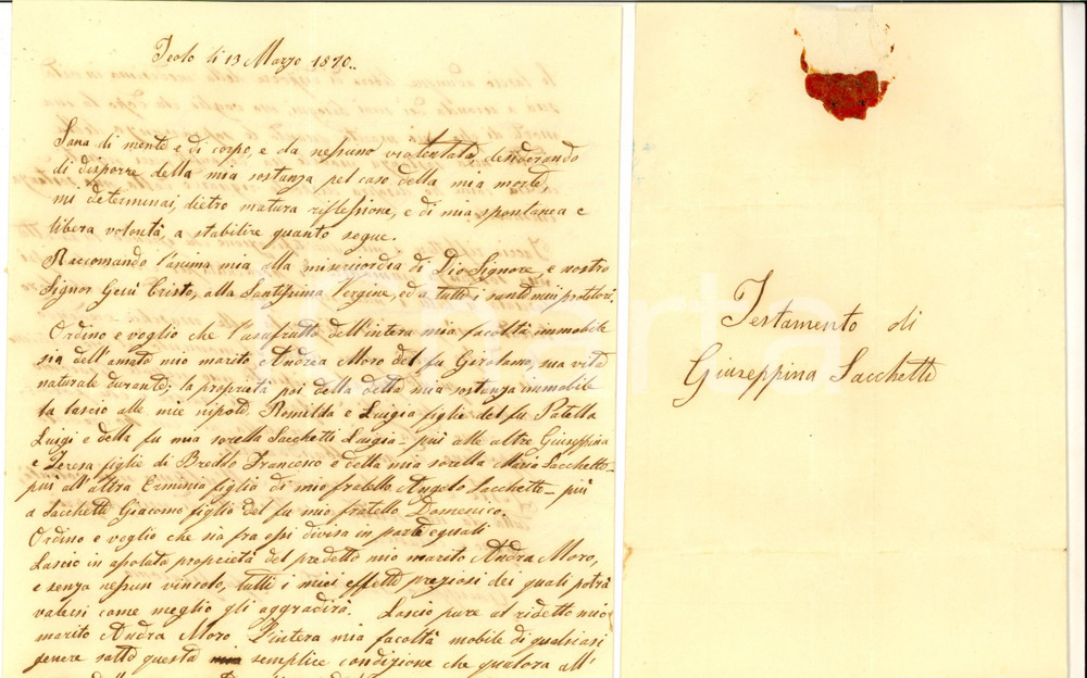 Documento originale, autentico 1870 TEOLO PD Testamento Giuseppina SACCHETTI al marito Andrea MORO 1