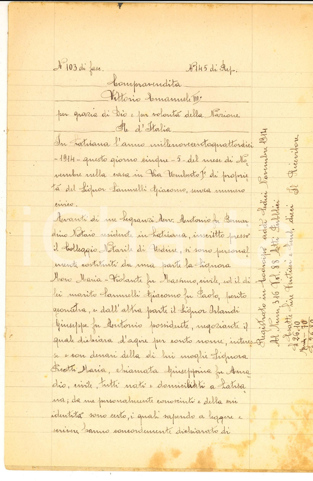 Documento originale, autentico 1914 LATISANA (UD) Maria Violante MORO vende terra a Maria PICOTTI *Manoscritto 1