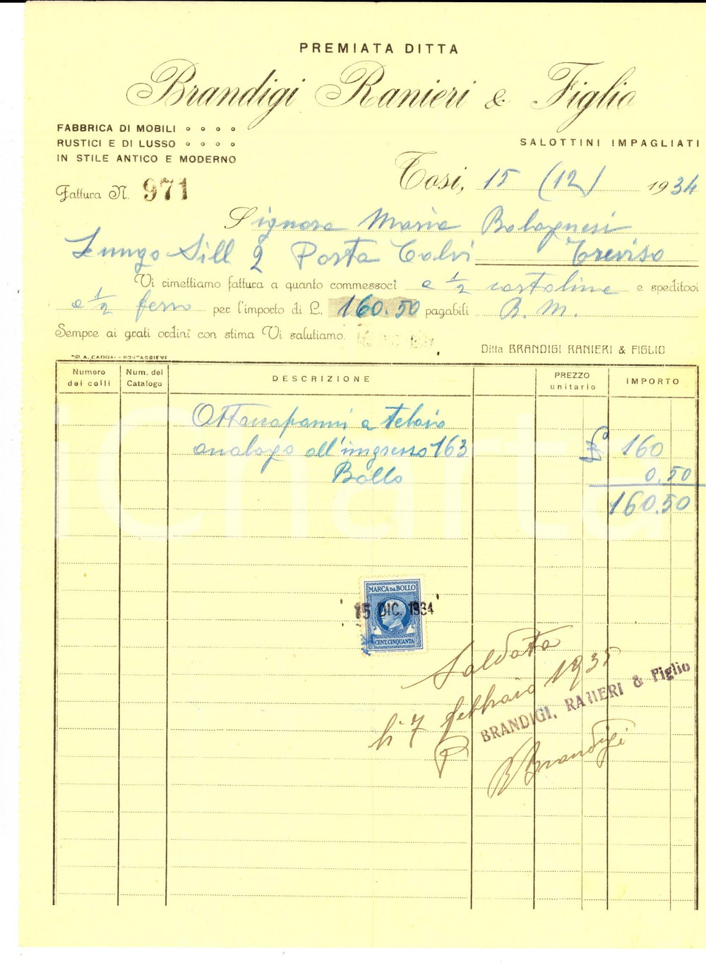 Documento originale, autentico 1934 TOSI (FI) Ditta Ranieri BRANDIGI & Figlio - Mobili *Fattura intestata 1