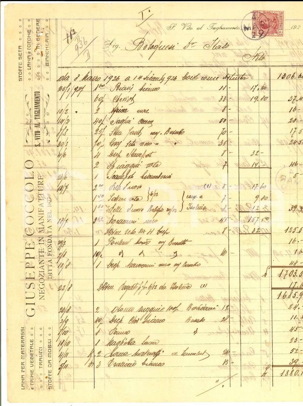 Documento originale, autentico 1929 SAN VITO AL TAGLIAMENTO (UD) Giuseppe COCCIOLO Manifatture *Fattura 1
