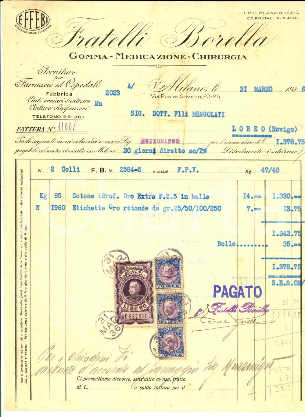 Documento originale, autentico 1936 MILANO Fratelli BORELLA Gomma - Medicazione chirurgia *Fattura intestata 1
