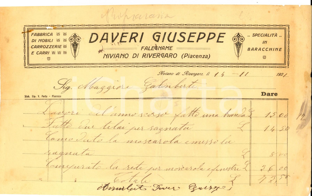 Documento originale, autentico 1921 NIVIANO DI RIVERGARO PC Giuseppe DAVERI falegname Fattura intestata 1