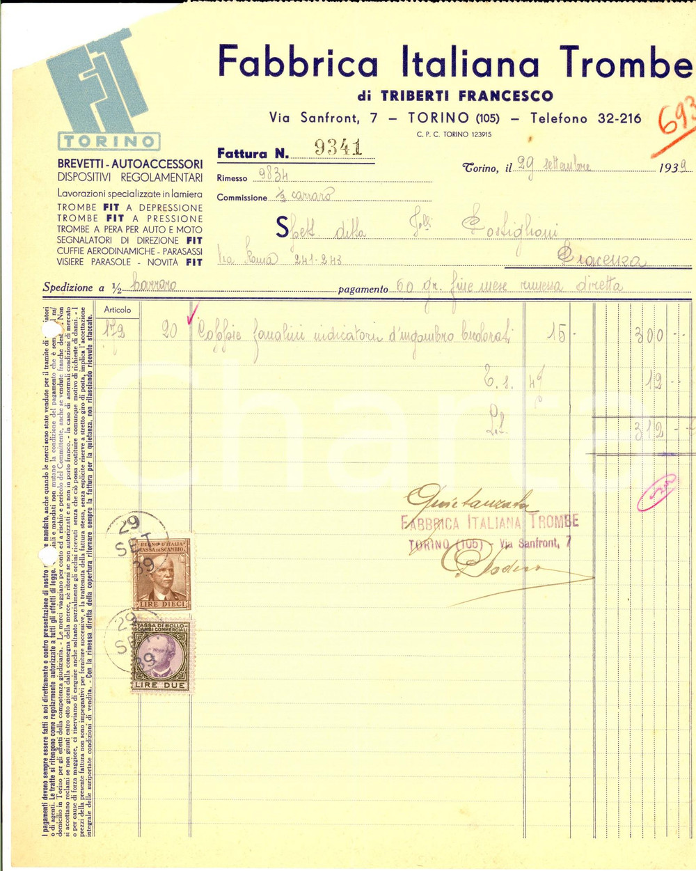 Documento originale, autentico 1939 TORINO Francesco TRIBERTI Fabbrica Italiana Trombe Fattura intestata 1