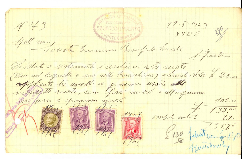 Documento originale, autentico 1942 PORTOGRUARO (VE) Premiata carrozzeria Umberto SGUARDO *Fattura 1
