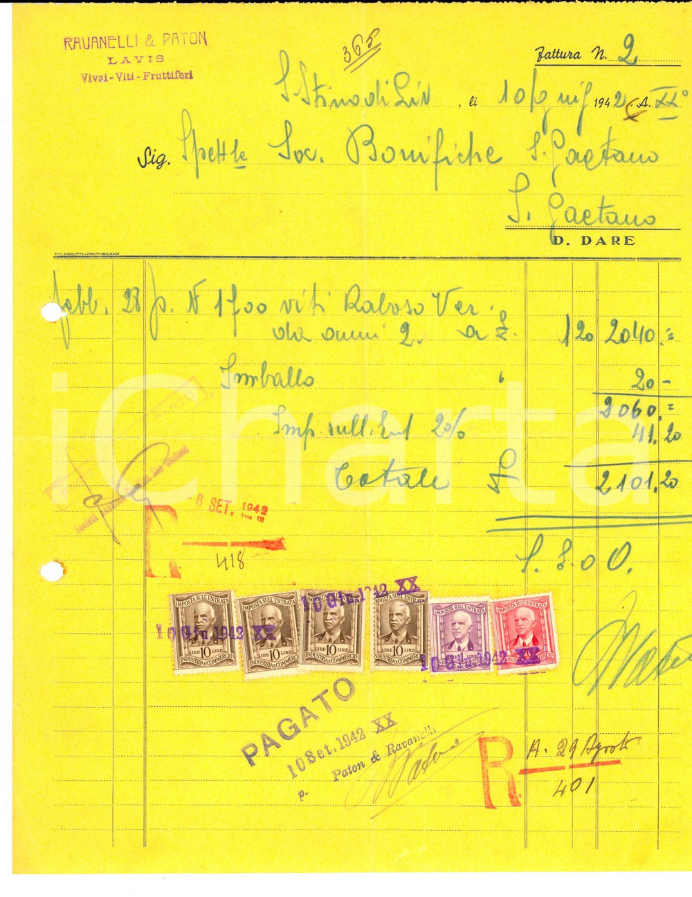 Documento originale, autentico 1942 LAVIS (TN) Ditta RAVANELLI & PATON Vivai e viti *Fattura manoscritta 1