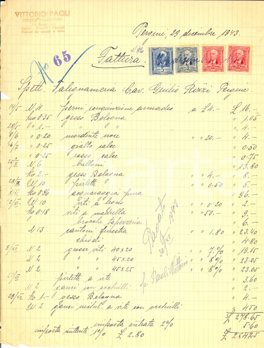 Documento originale, autentico 1943 PERGINE VALSUGANA TN Ditta Vittorio PAOLI colori e vernici Fattura 1