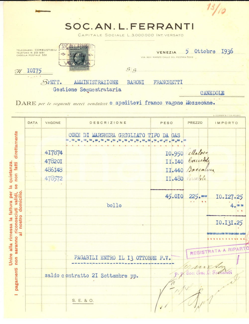 Documento originale, autentico 1936 VENEZIA SocietÃ  Anonima FERRANTI *Fattura per coke di Marghera 1