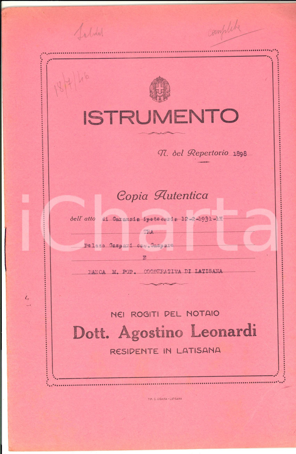 Documento originale, autentico 1931 LATISANA (UD) Atto garanzia tra Gaspare PELOSO GASPARI e Banca Cooperativa 1