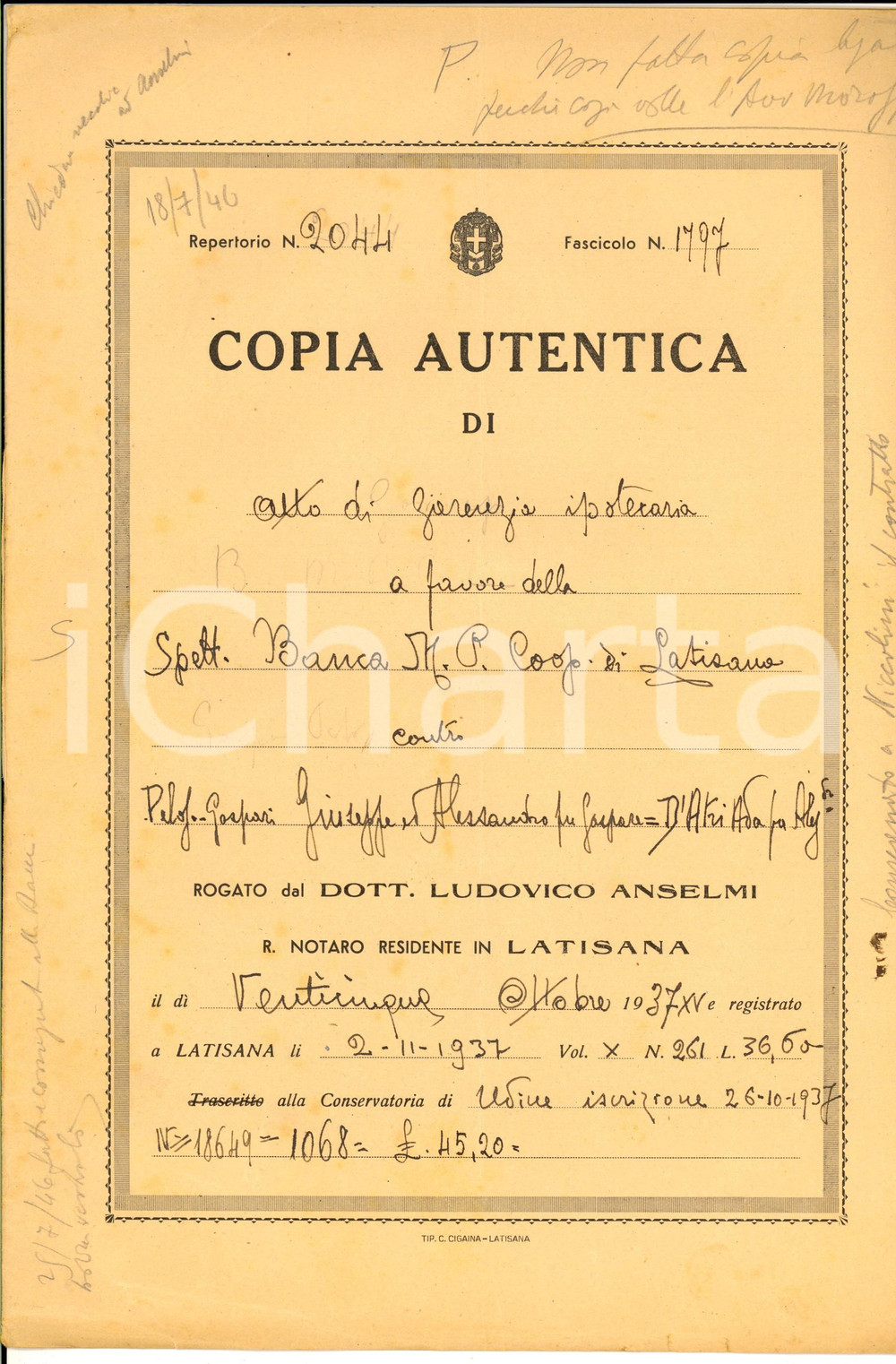 Documento originale, autentico 1937 LATISANA UD Atto garanzia tra Gaspare PELOSO GASPARI e Banca Cooperativa 1