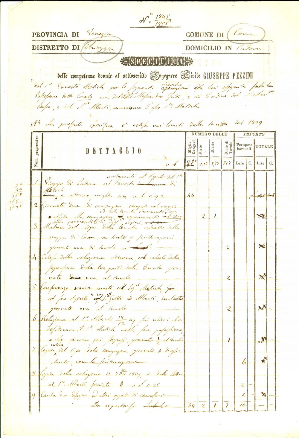 Documento originale, autentico 1810 ca CHIOGGIA (VE) Conto dell'ing. Giuseppe PEZZINI per lavori terra CORATA 1