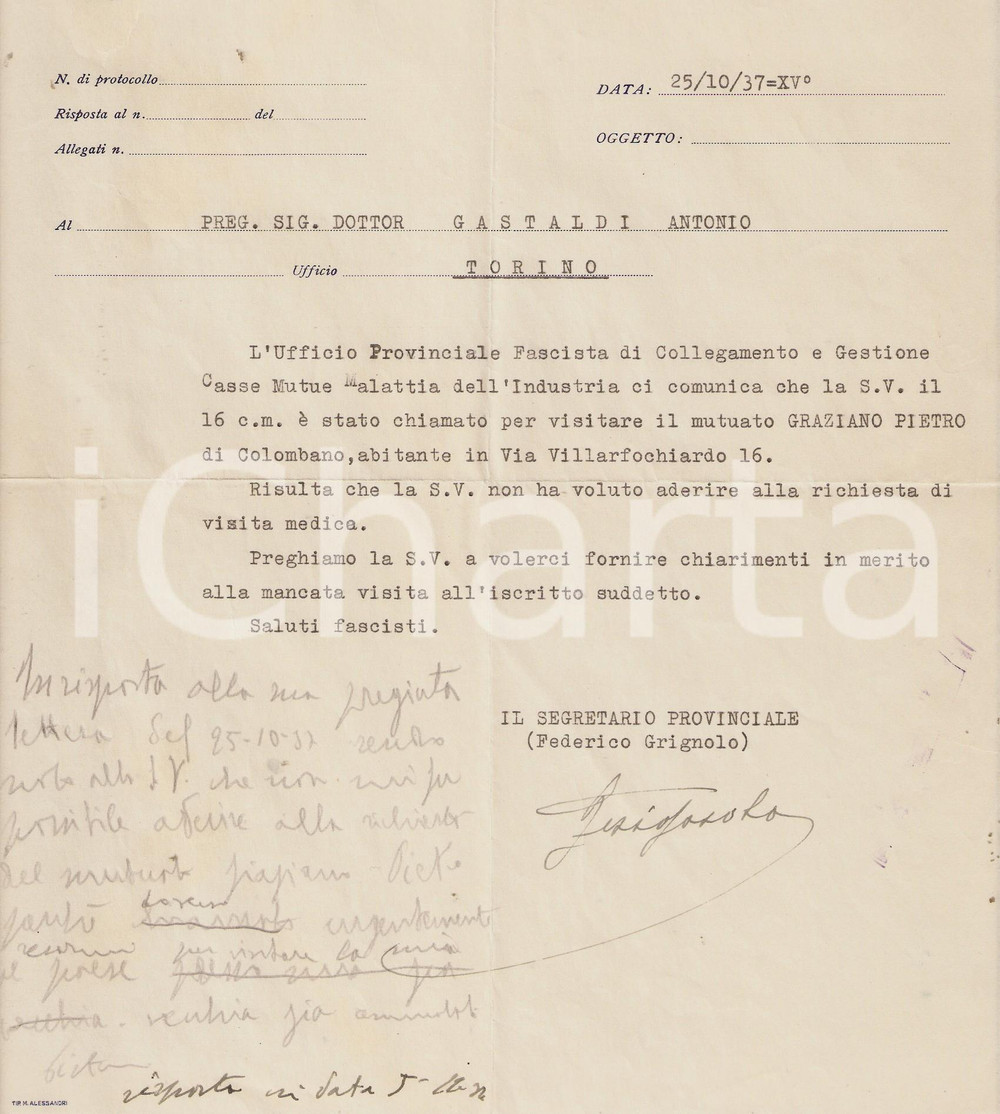 Documento originale, autentico 1937 TORINO Sindacato Fascista dei Medici  Antonio GASTALDI non visita iscritto 1