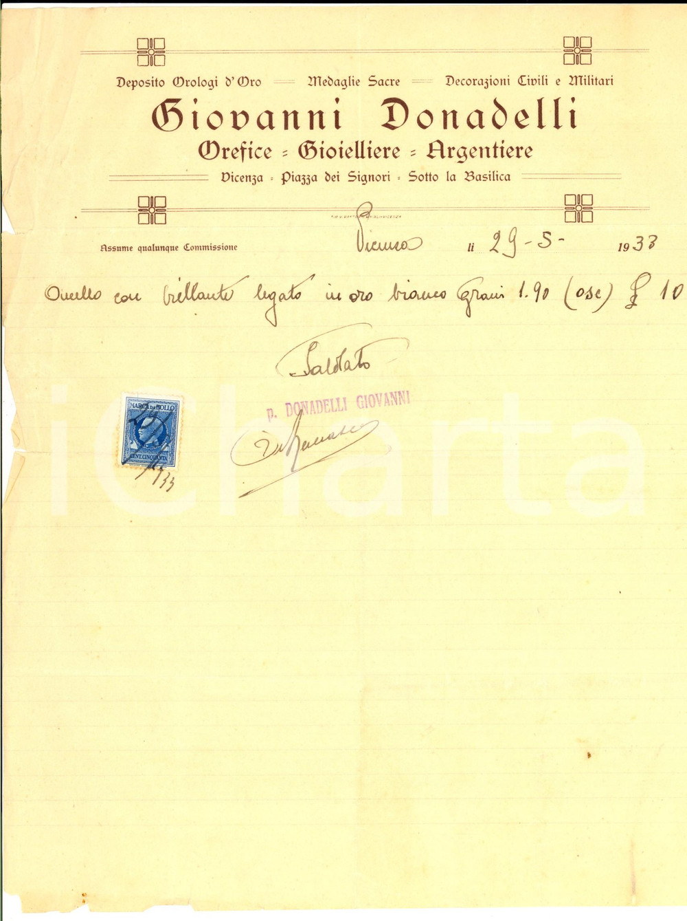 Documento originale, autentico 1933 VICENZA Giovanni DONADELLI Orefice e gioielliere Fattura intestata 1