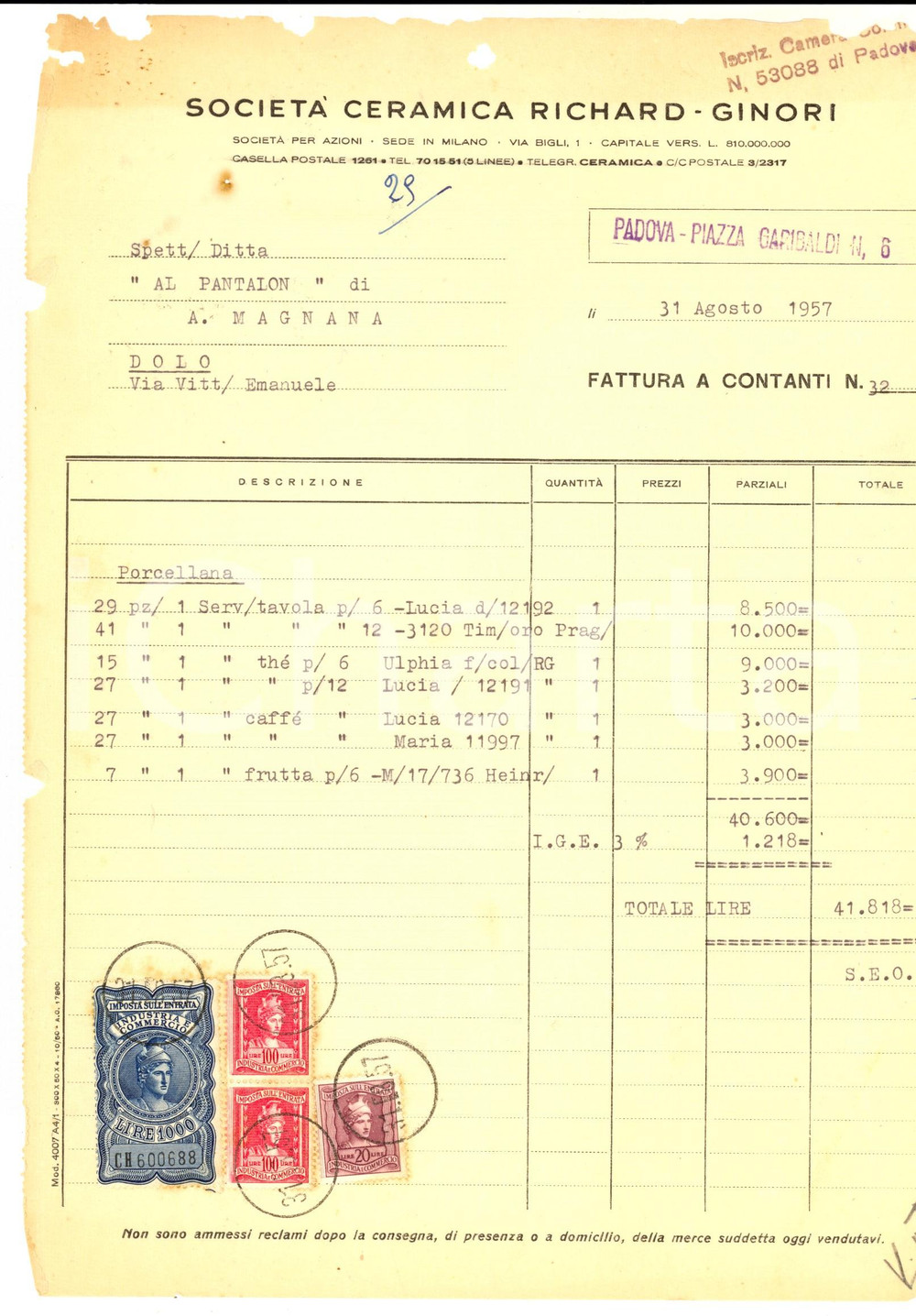 Documento originale, autentico 1957 PADOVA SocietÃ  ceramica RICHARD-GINORI *Fattura intestata porcellana 1