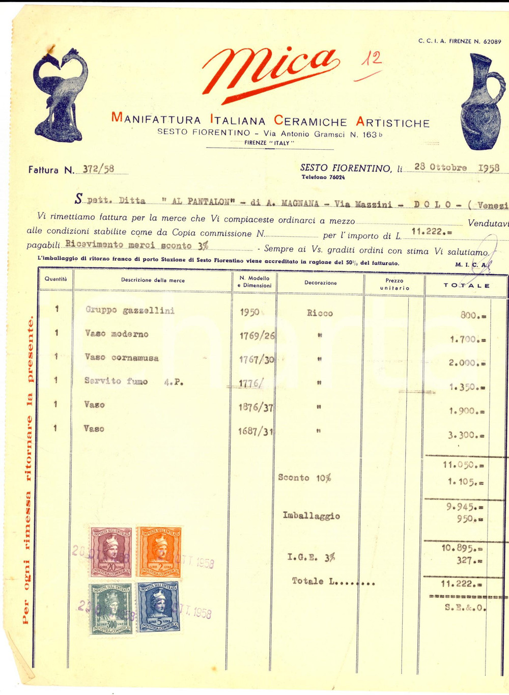 Documento originale, autentico 1958 SESTO FIORENTINO Ceramiche artistiche MICA *Fattura intestata 1