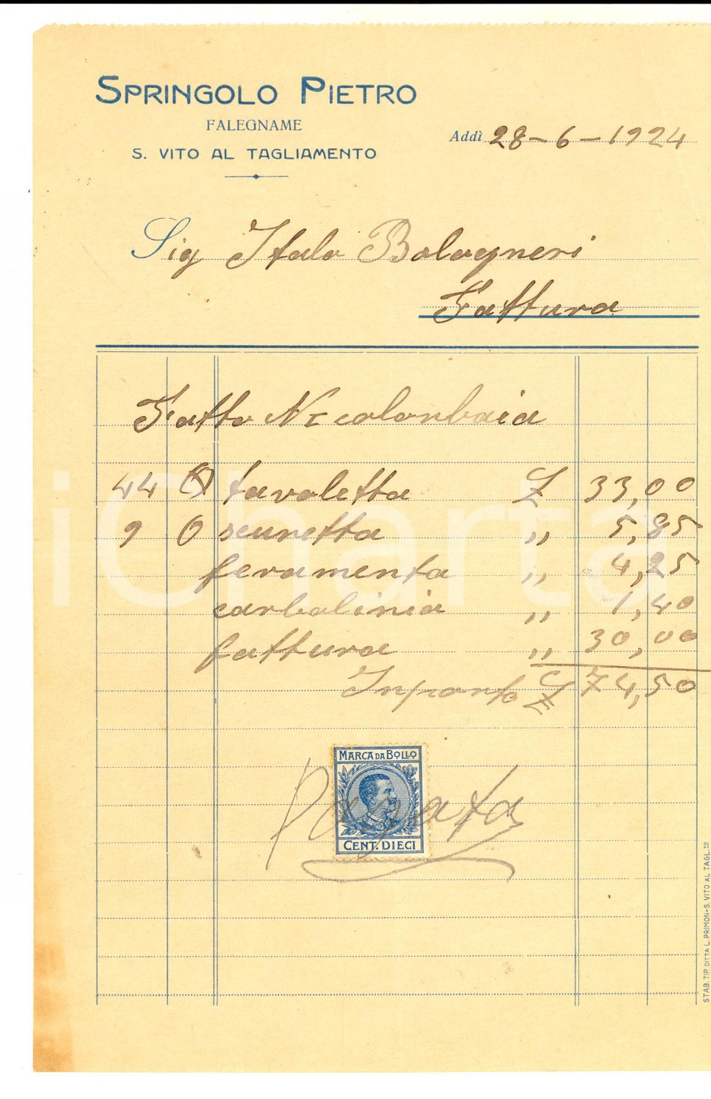 Documento originale, autentico 1924 SAN VITO AL TAGLIAMENTO UD Falegname Pietro SPRINGOLO Fattura 1