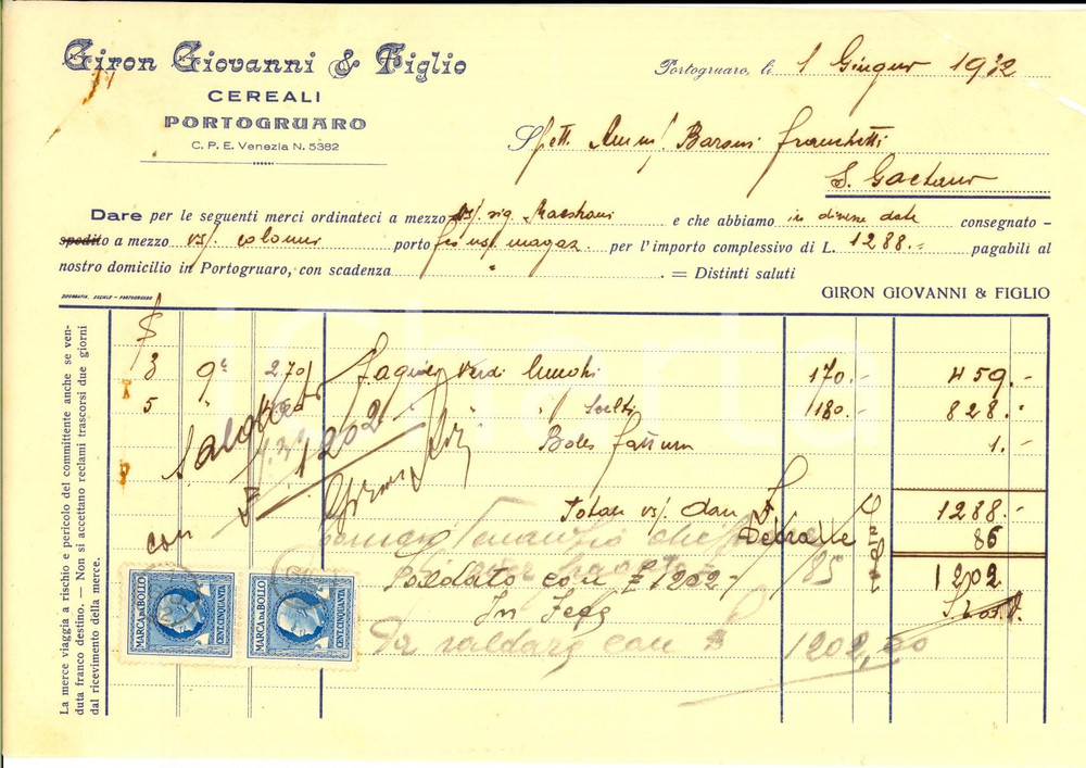 Documento originale, autentico 1932 PORTOGRUARO (VE) Giovanni GIRON & Figlio - Cereali *Fattura 1