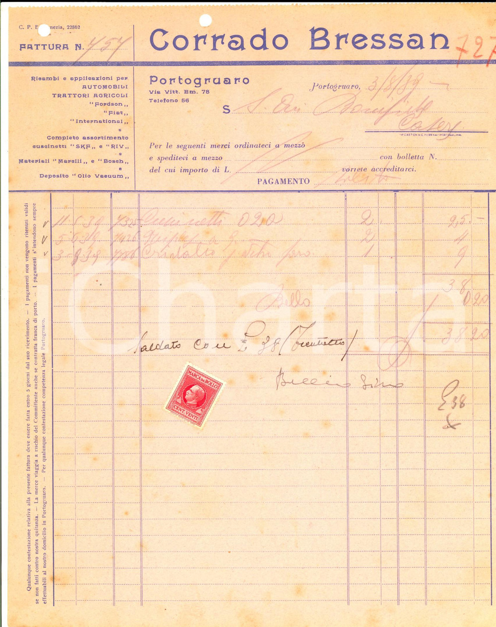 Documento originale, autentico 1939 PORTOGRUARO VE Corrado BRESSAN RIcambi auto e trattori Fattura intestata 1