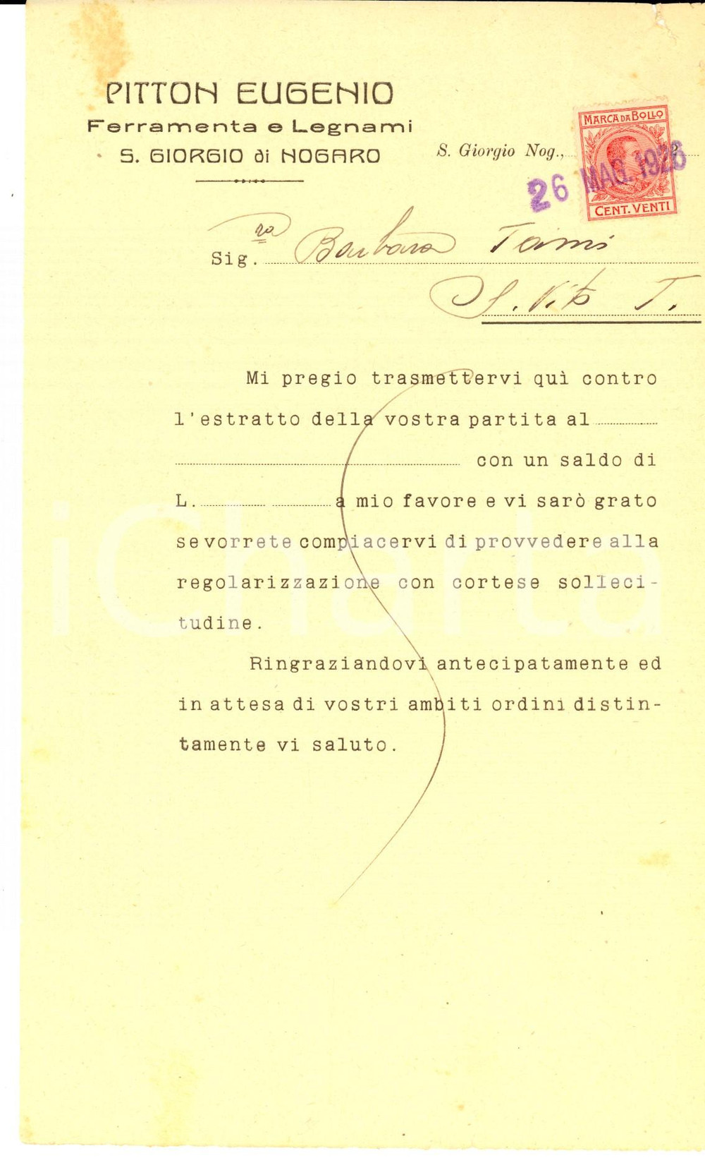 Documento originale, autentico 1926 SAN GIORGIO DI NOGARO Eugenio PITTON Ferramenta legnami Lettera intestata 1