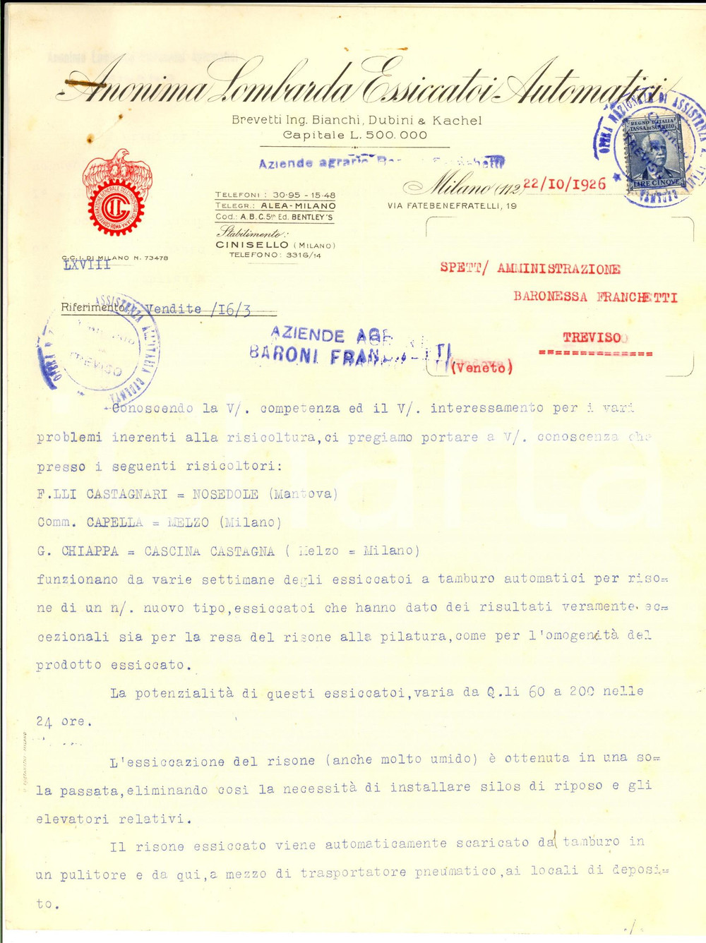 Manoscritto, lettera originale 1926 MILANO Anonima Lombarda Essiccatoi *Lettera per essiccatoio risone 1