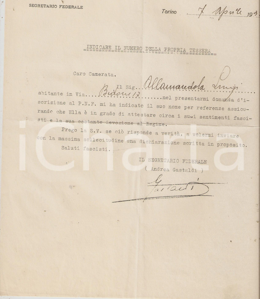 Manoscritto, lettera originale 1932 PNF TORINO Lettera al referente di Luigi ALLAMANDOLA iscrizione al partito 1