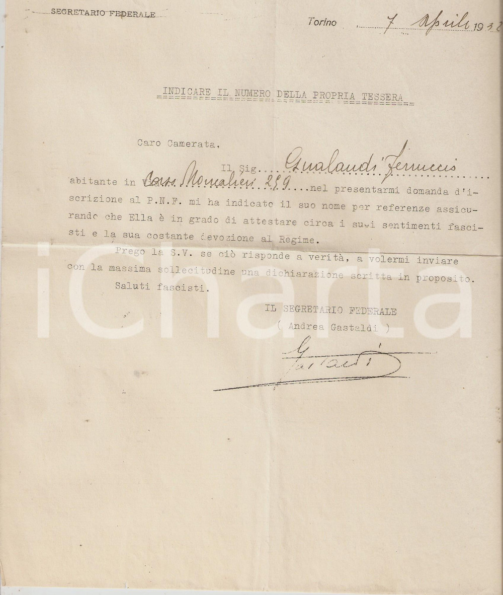 Manoscritto, lettera originale 1932 PNF TORINO Lettera al referente di Ferruccio GUALANDI iscrizione al partito 1