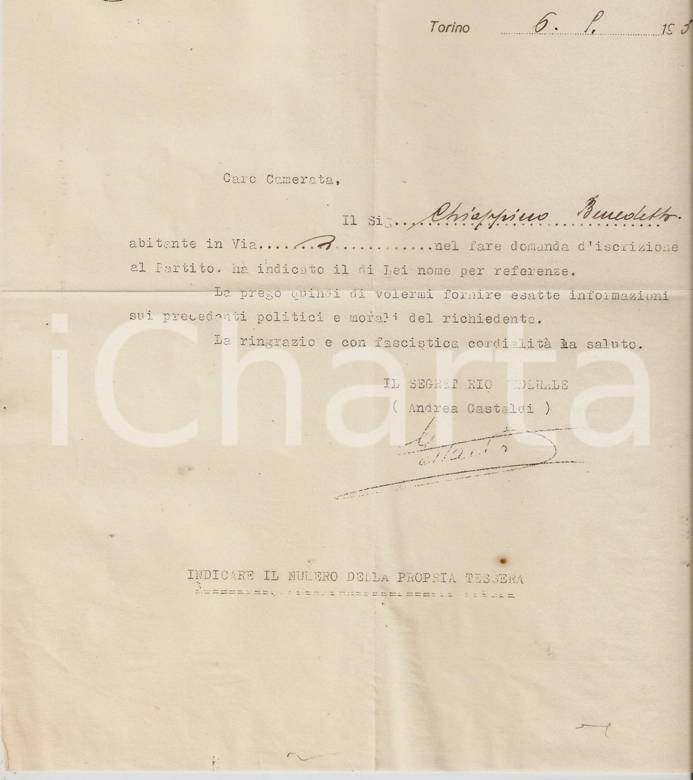 Manoscritto, lettera originale 1932 PNF TORINO Lettera a referente di Benedetto CHIAPPINO iscrizione al partito 1
