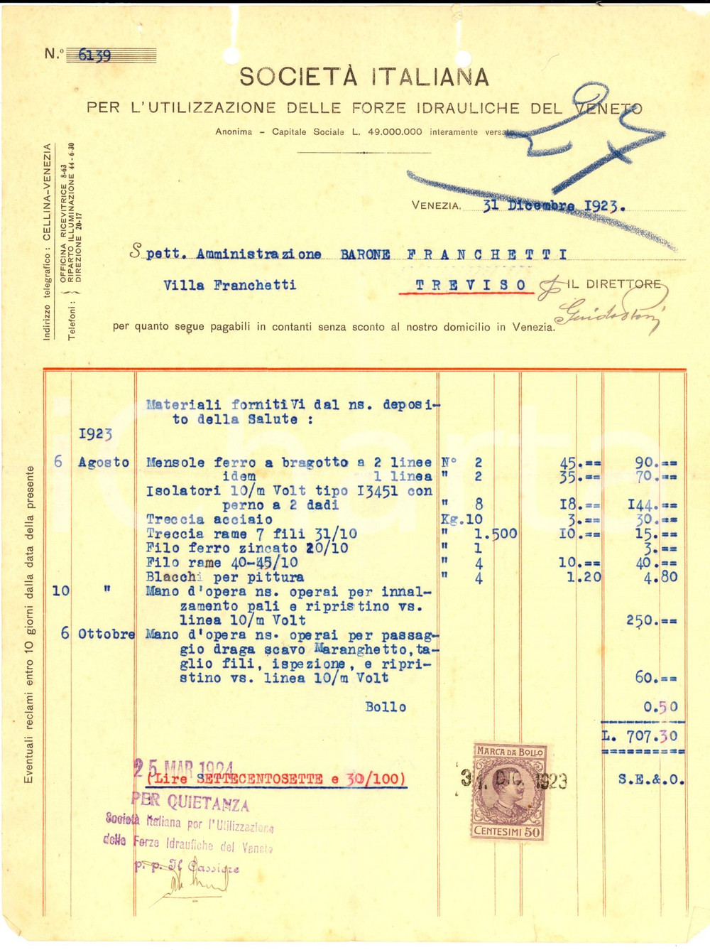 Documento originale, autentico 1923 VENEZIA Società Italiana utilizzazione forze idrauliche nel VENETO Fattura 1