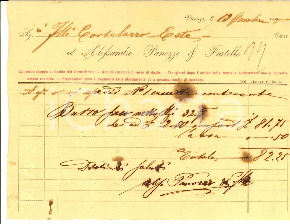 Documento originale, autentico 1895 VICENZA Ditta Alessandro PANOZZO & Fratello  Distinta di viaggio per burro 1