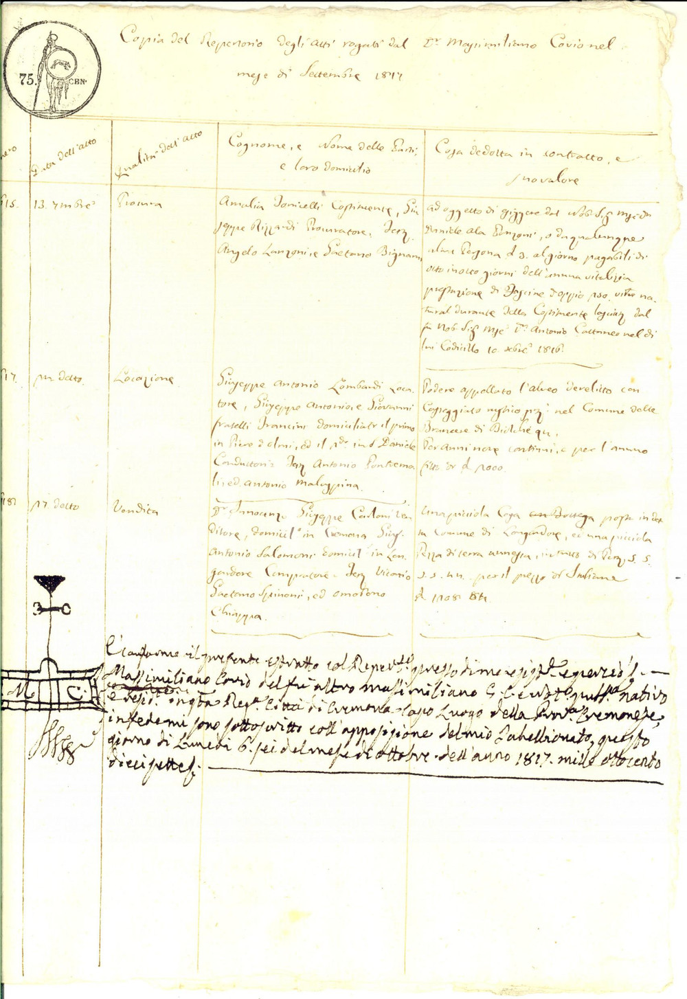 Documento originale, autentico Settembre 1817 CREMONA Estratto repertorio atti notaio Massimiliano CORIO 1