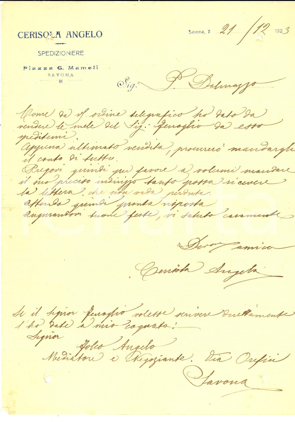 Documento originale, autentico 1923 SAVONA Angelo CERISOLA spedizioniere su vendita mele Lettera commerciale 1