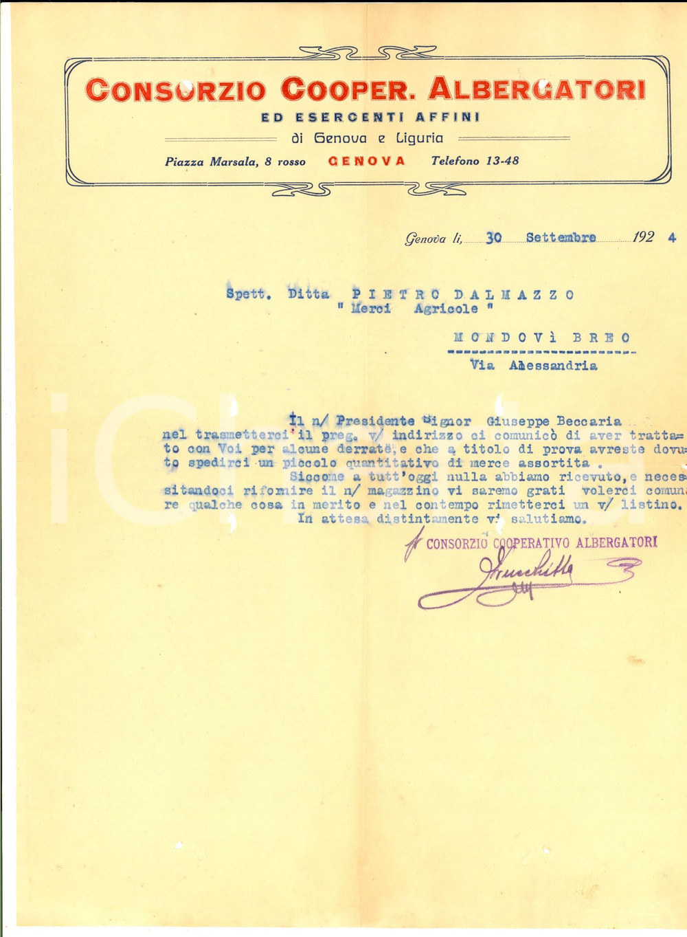 Documento originale, autentico 1924 GENOVA Consorzio Cooperativo Albergatori richiede derrate Lettera 1