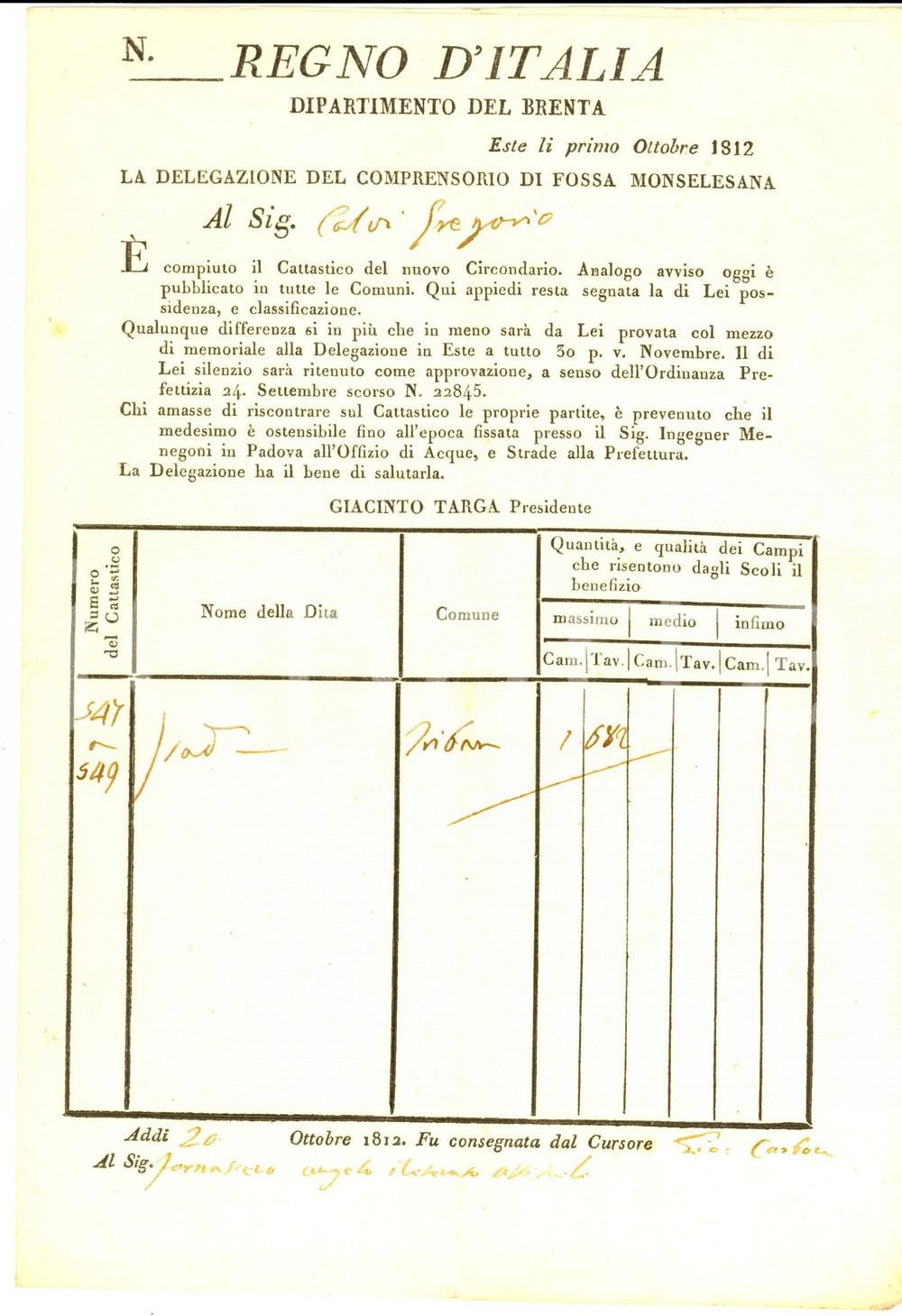 Documento originale, autentico 1812 TRIBANO (PD) Possedimenti di Gregorio CALVI *Fossa MONSELESANA 1
