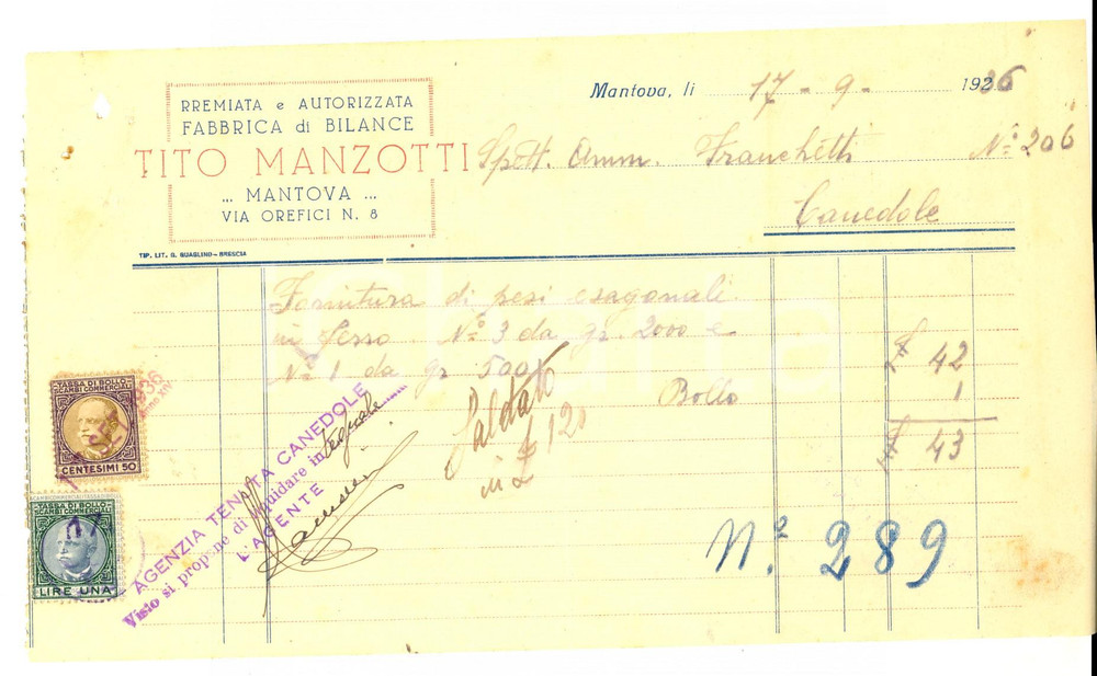 Documento originale, autentico 1936 MANTOVA Fabbrica di bilance Tito MANZOTTI Ricevuta intestata 1