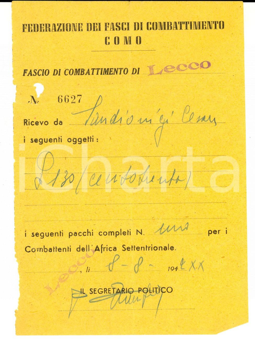 Documento originale, autentico 1942 PNF COMO Fascio LECCO Ricevuta riso per combattenti Africa Settentrionale 1