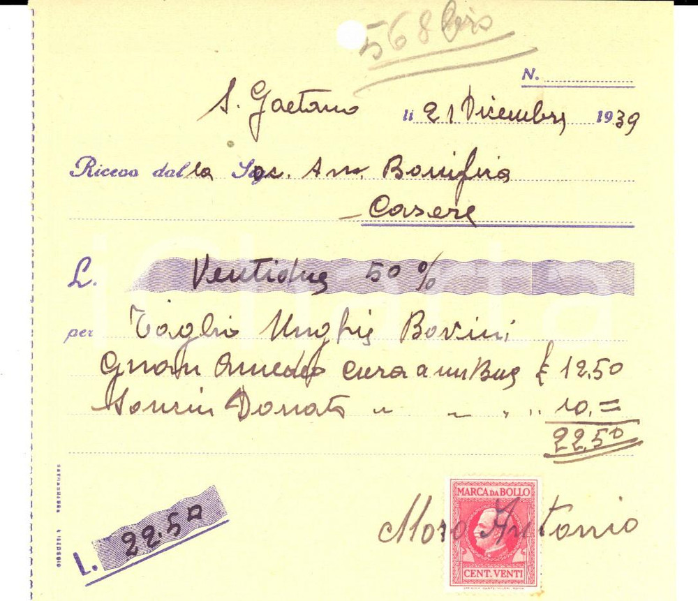Documento originale, autentico 1939 Bonifica SAN GAETANO CAORLE (VE) Ricevuta per taglio unghie bovini 1