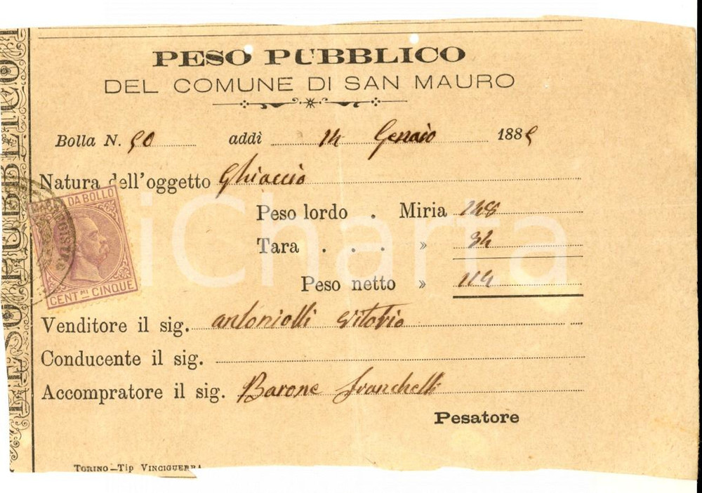 Documento originale, autentico 1885 SAN MAURO TORINESE Ricevuta della pesa pubblica per ghiaccio 1