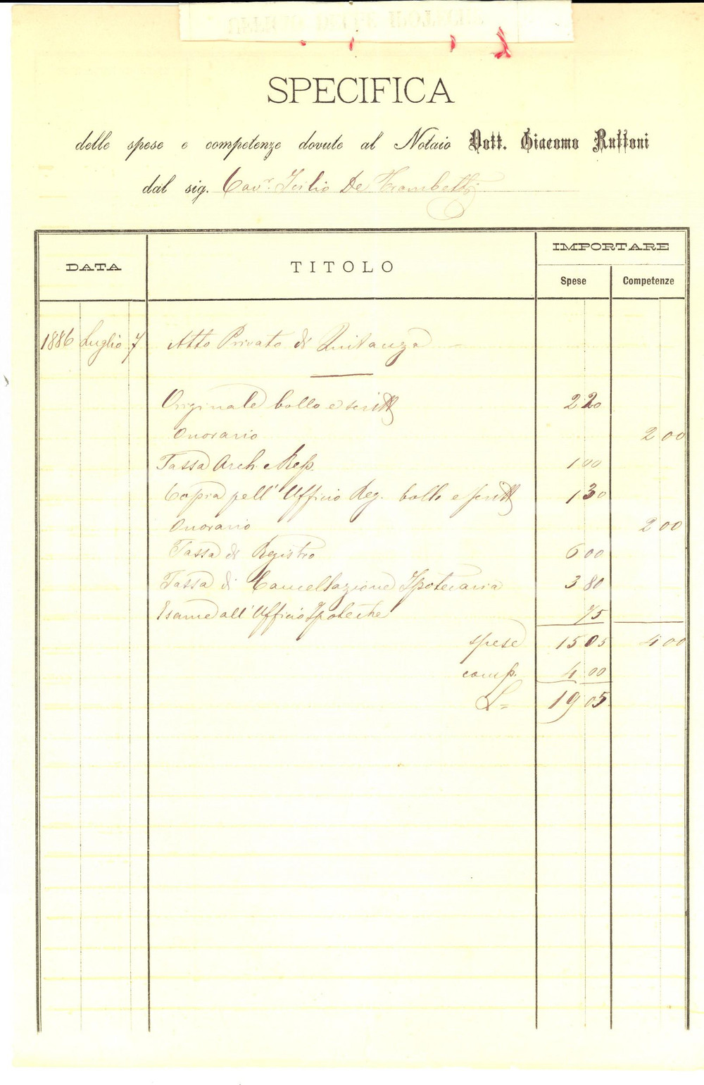 Documento originale, autentico 1886 VERONA Spese e competenze del notaio Giacomo RUFFONI Manoscritto 1