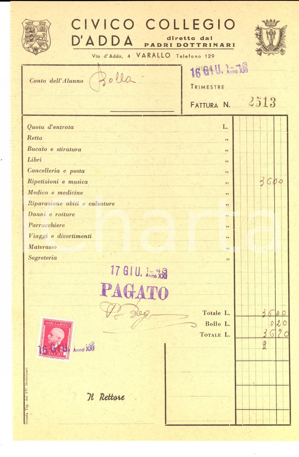 Documento originale, autentico 1943 VARESE Civico Collegio D ADDA  Conto dell alunno Giovanni BOLLA 1