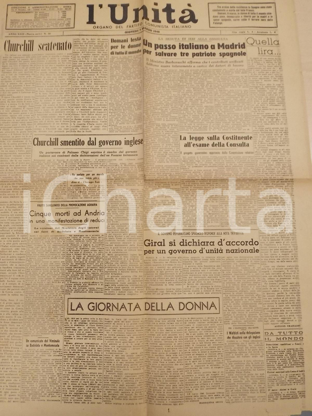 Giornale, rivista storica 1946 L UNITA  Churchill scatenato e smentito dal governo Giornale n° 56 1