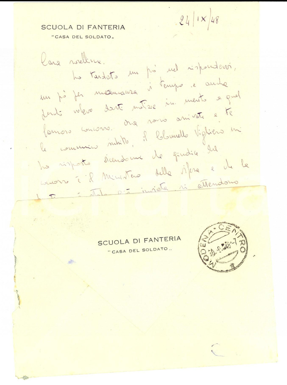 Manoscritto, lettera originale 1948 ROMA Scuola di Fanteria CASA DEL SOLDATO *Lettera allievo Guido MODENA 1