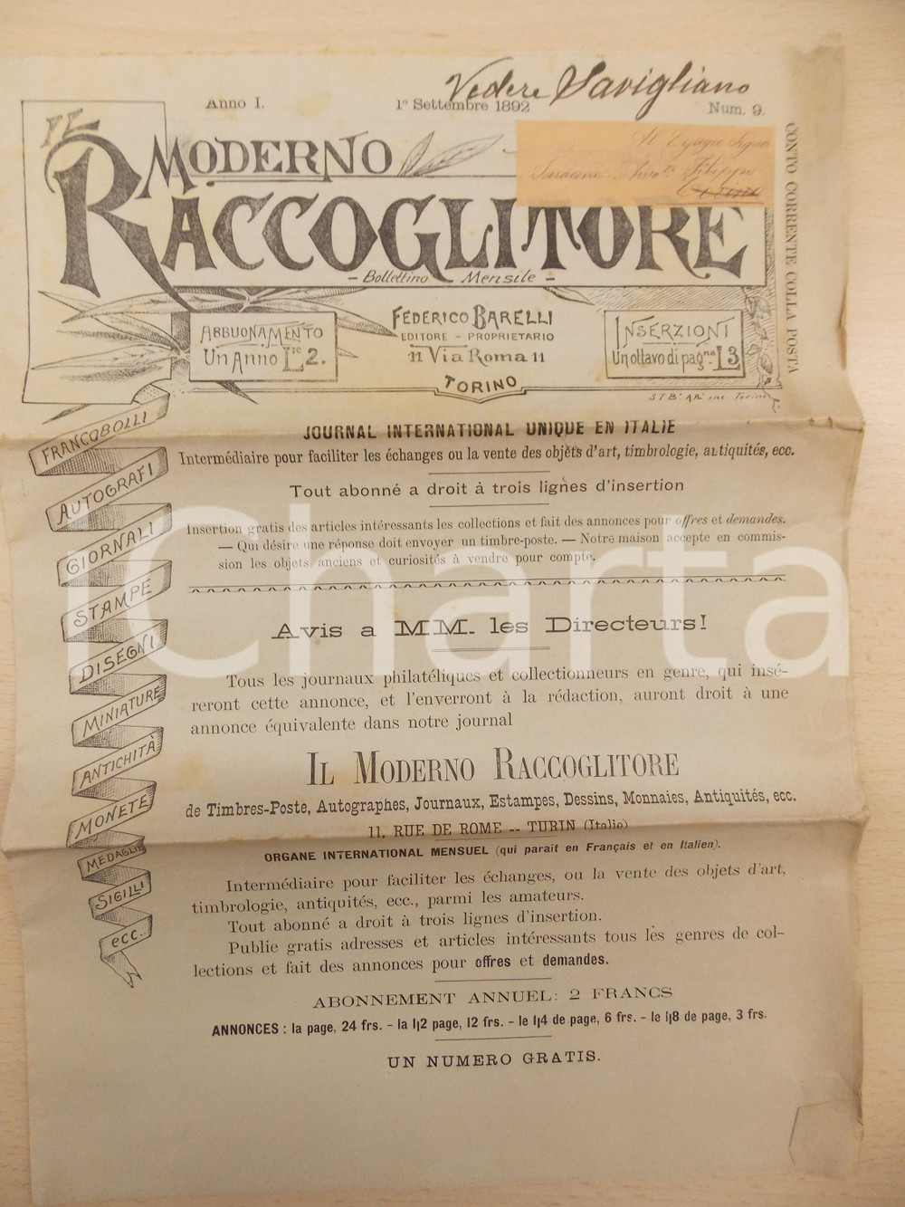 Giornale, rivista storica 1892 IL MODERNO RACCOGLITORE Bollettino collezionisti *ed. BARELLI Anno I nÂ° 9 1