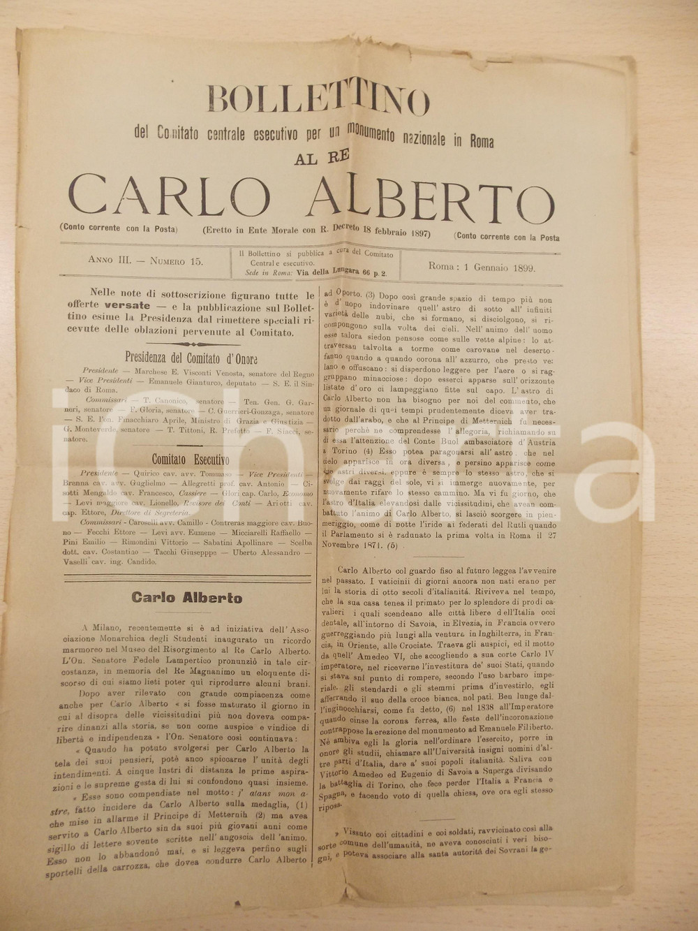 Giornale, rivista storica 1899 Bollettino comitato per monumento al re CARLO ALBERTO Anno III n° 15 1