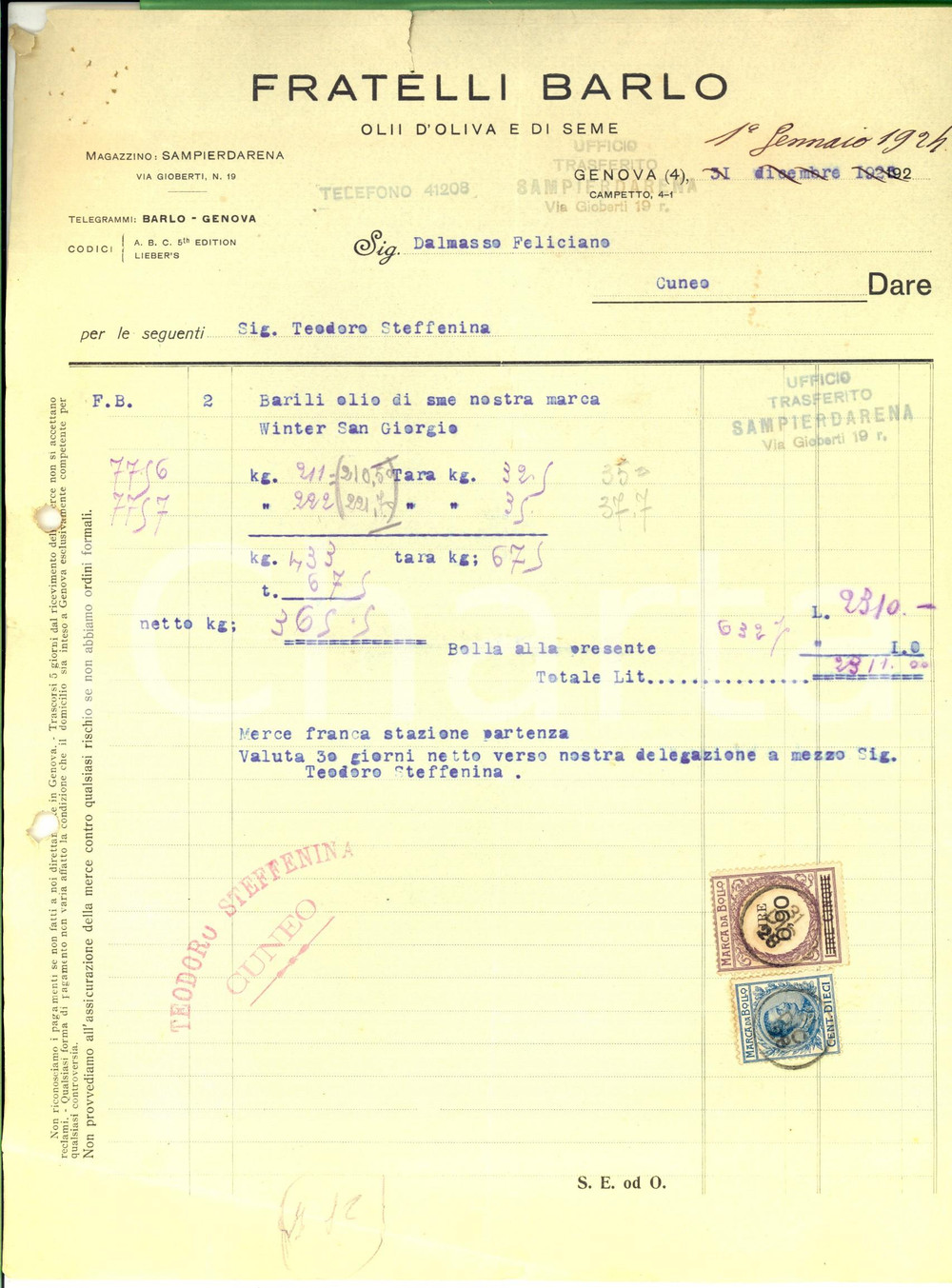 Documento originale, autentico 1924 GENOVA Ditta FRATELLI BARLO Olii d'oliva e di seme *Fattura intestata 1
