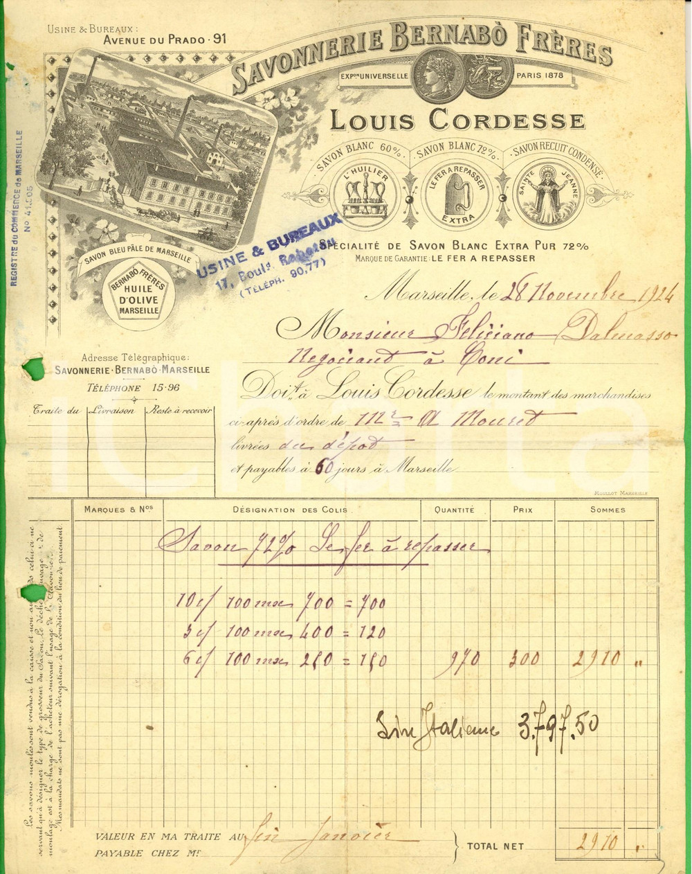 Documento originale, autentico 1924 MARSEILLE F Louis CORDESSE Savonnerie BERNABO FRERES Fattura intestata 1