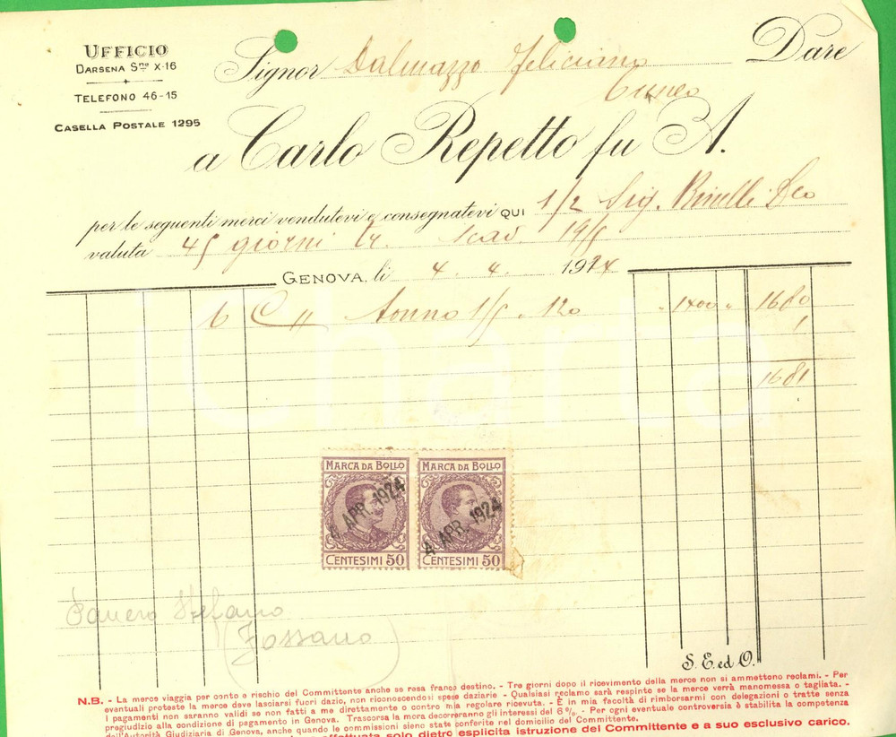 Documento originale, autentico 1924 GENOVA Darsena - Ditta Carlo REPETTO *Fattura per tonno - con bolli 1
